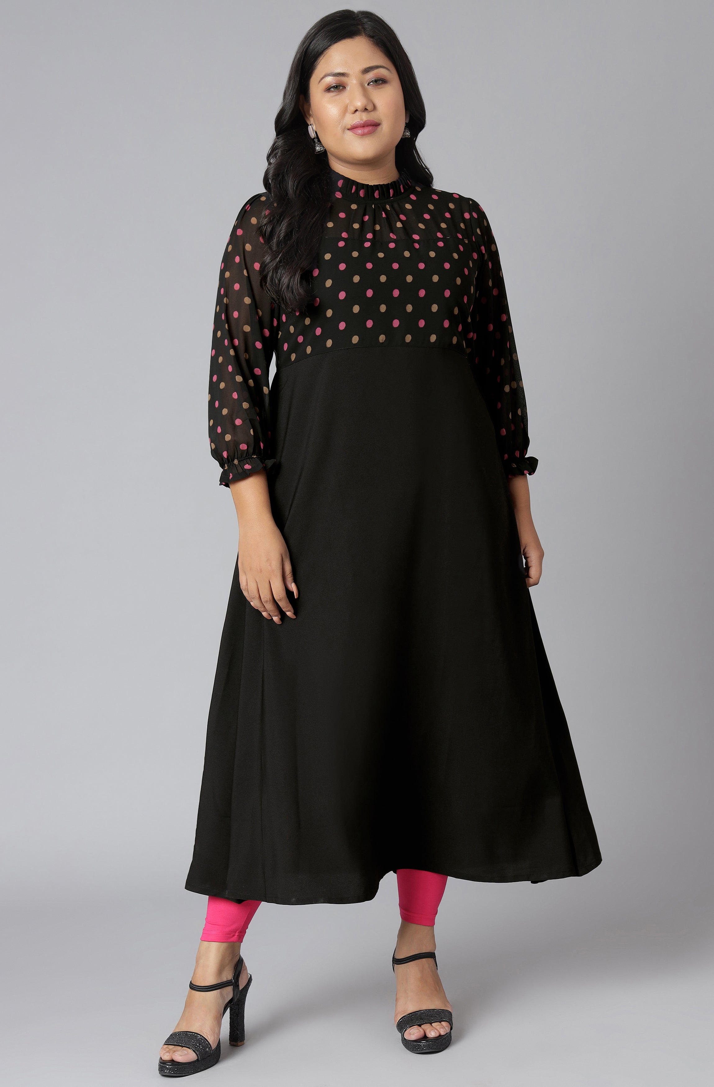 Janasya Women's Black Poly Crepe Polka Print Casual A-line Kurta | Grocsy