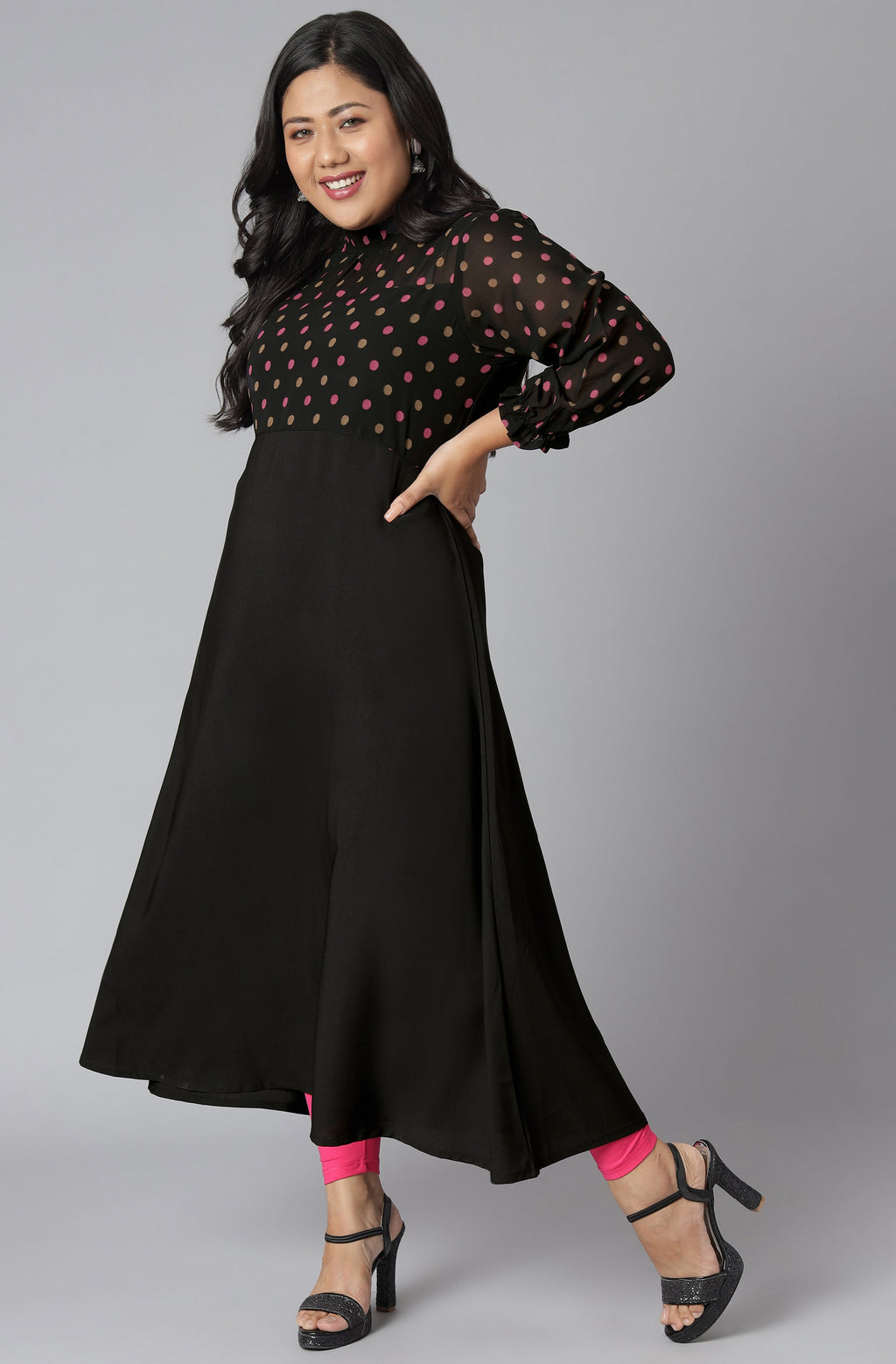 Janasya Women's Black Poly Crepe Polka Print Casual A-line Kurta | Grocsy