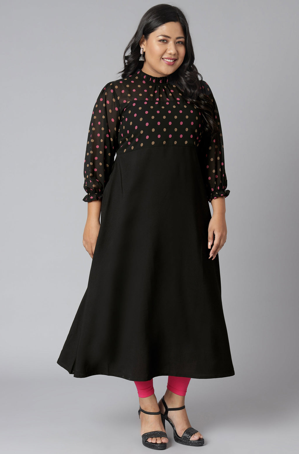 Janasya Women's Black Poly Crepe Polka Print Casual A-line Kurta | Grocsy