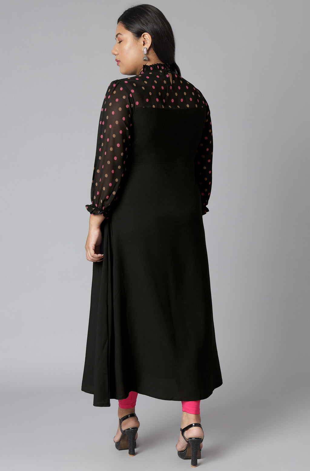Janasya Women's Black Poly Crepe Polka Print Casual A-line Kurta | Grocsy