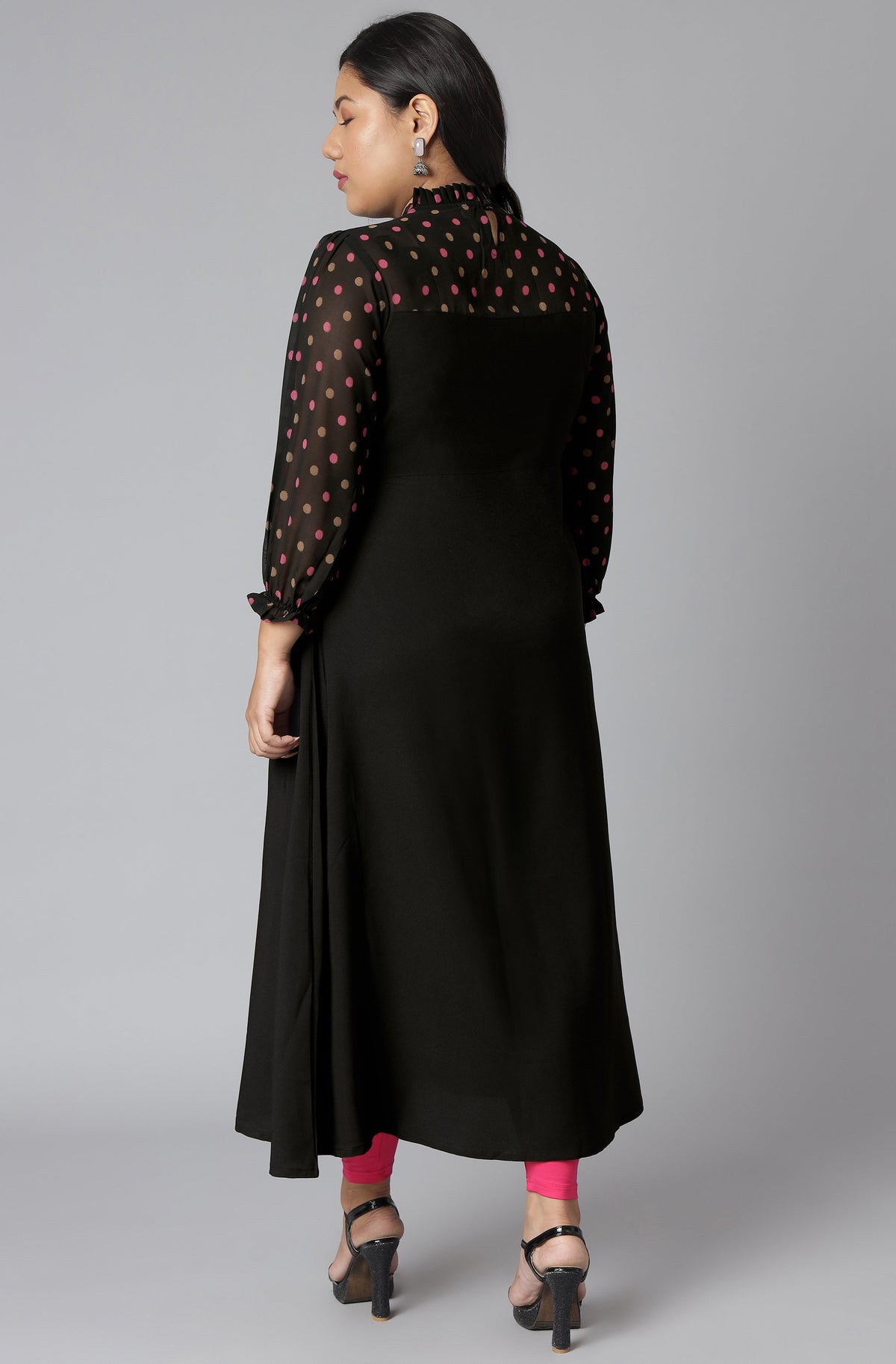 Janasya Women's Black Poly Crepe Polka Print Casual A-line Kurta | Grocsy