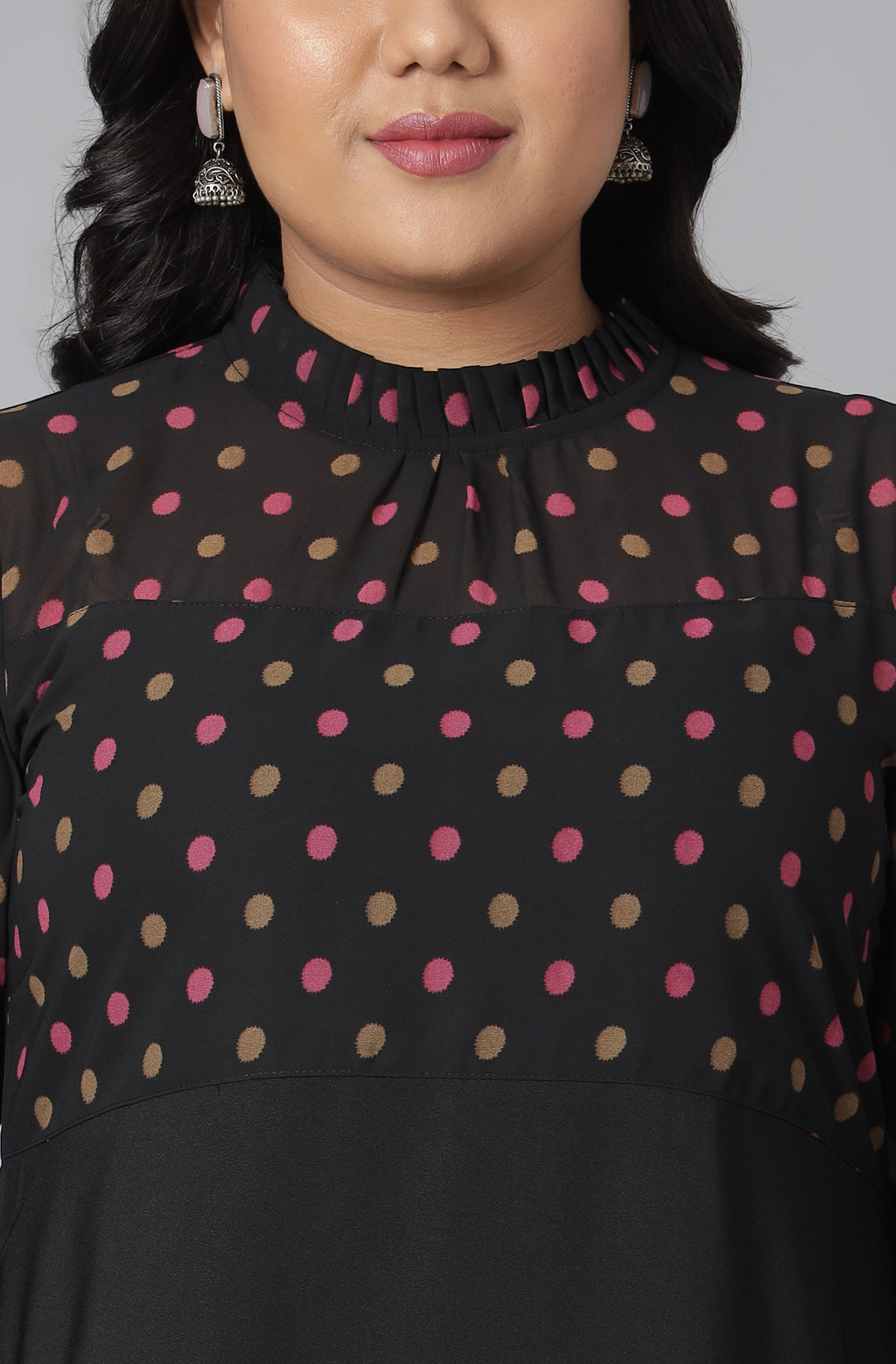 Janasya Women's Black Poly Crepe Polka Print Casual A-line Kurta | Grocsy