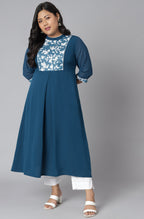 Janasya Women's Teal Poly Crepe Floral Print Casual A-line Kurta | Grocsy