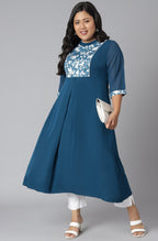 Janasya Women's Teal Poly Crepe Floral Print Casual A-line Kurta | Grocsy