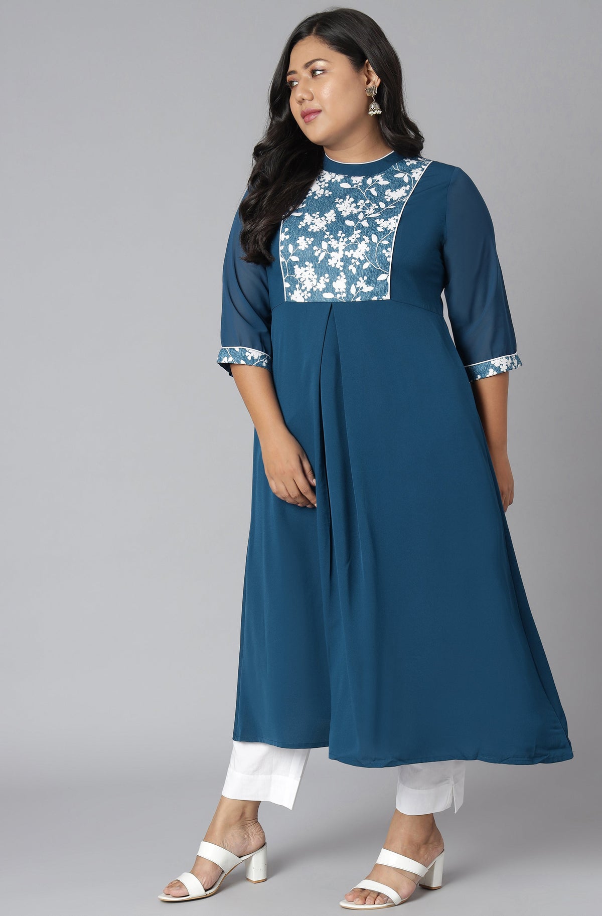 Janasya Women's Teal Poly Crepe Floral Print Casual A-line Kurta | Grocsy