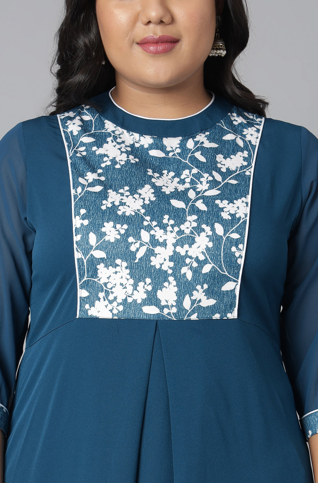 Janasya Women's Teal Poly Crepe Floral Print Casual A-line Kurta | Grocsy