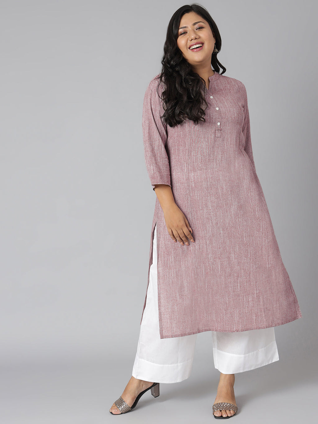 Janasya Women's Mauve Cotton Slub Solid Casual Straight Kurta | Grocsy