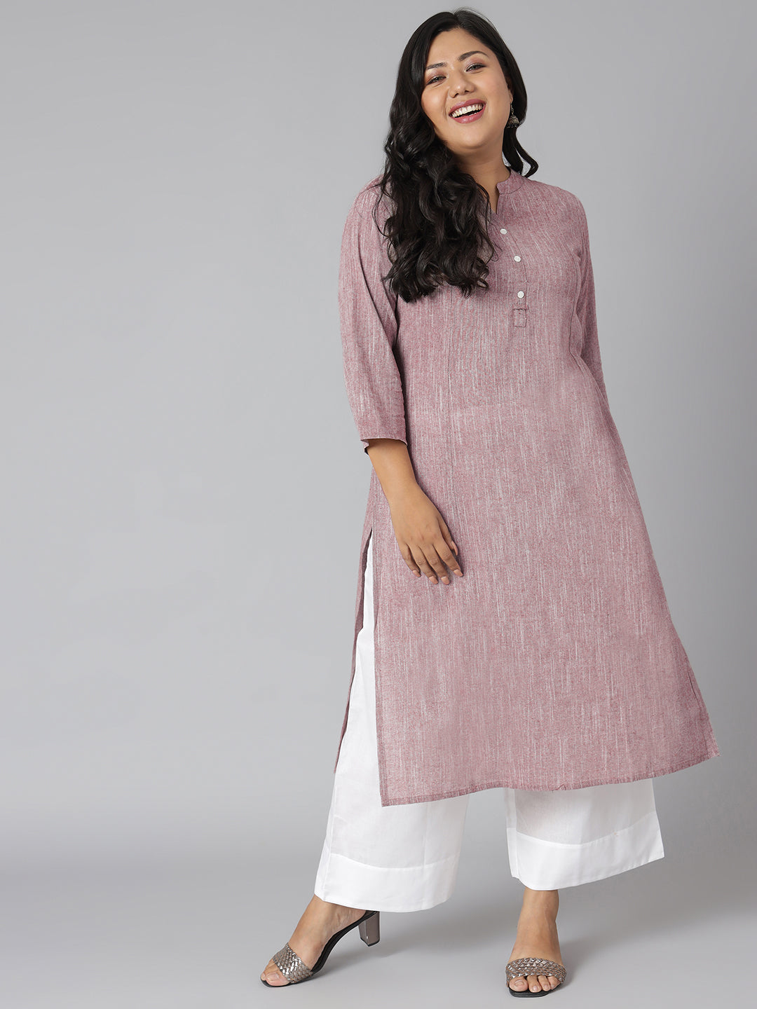 Janasya Women's Mauve Cotton Slub Solid Casual Straight Kurta | Grocsy