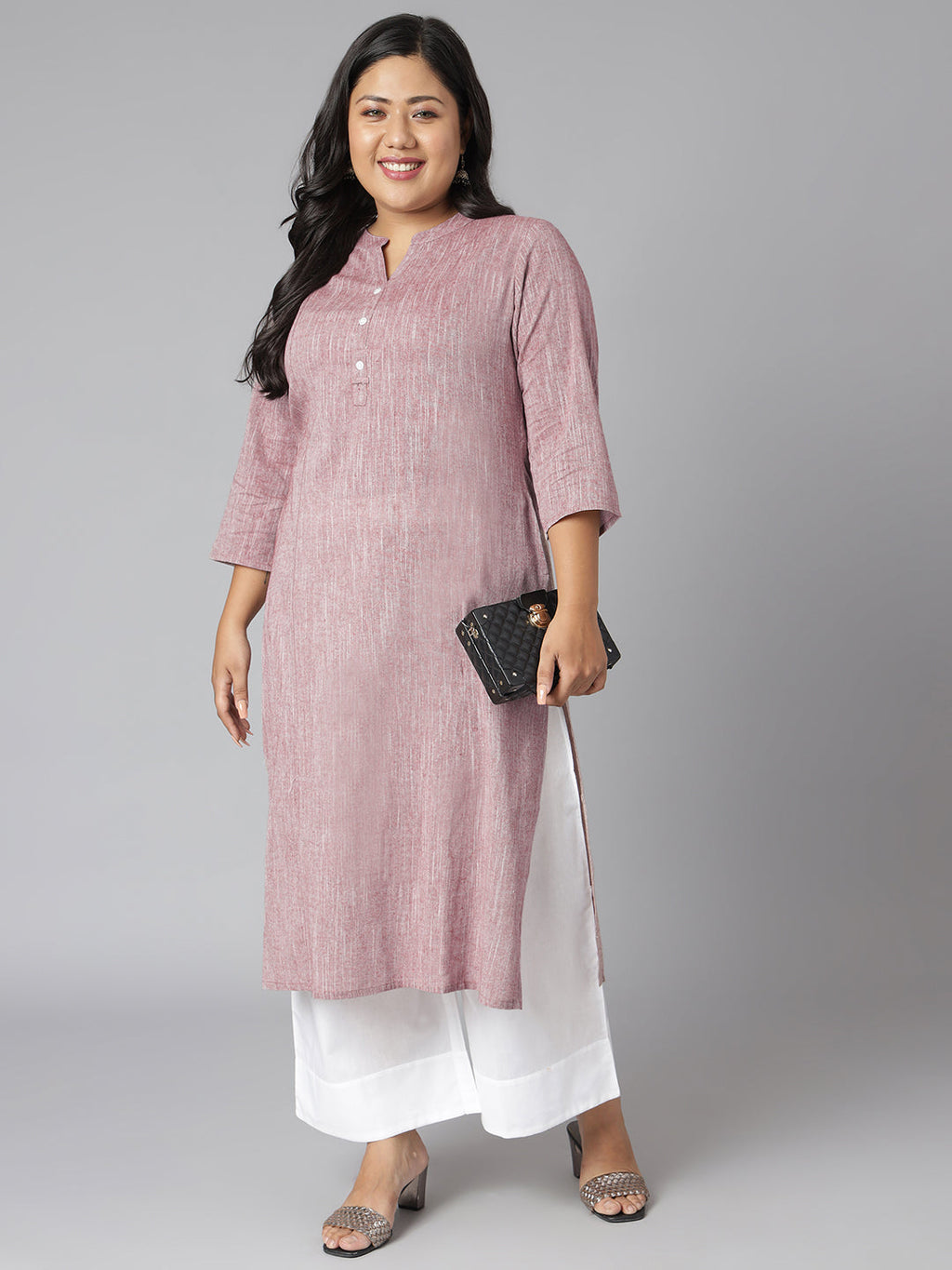 Janasya Women's Mauve Cotton Slub Solid Casual Straight Kurta | Grocsy