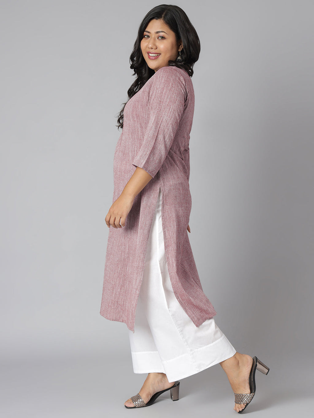 Janasya Women's Mauve Cotton Slub Solid Casual Straight Kurta | Grocsy