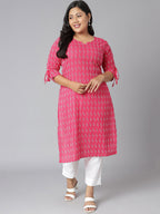 Janasya Women's Pink Cotton Woven Design Casual Straight Kurta | Grocsy