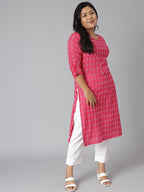 Janasya Women's Pink Cotton Woven Design Casual Straight Kurta | Grocsy