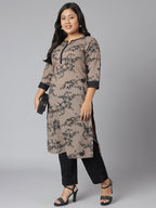 Janasya Women's Grey Cotton Floral Print Casual Straight Kurta | Grocsy