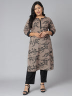 Janasya Women's Grey Cotton Floral Print Casual Straight Kurta | Grocsy