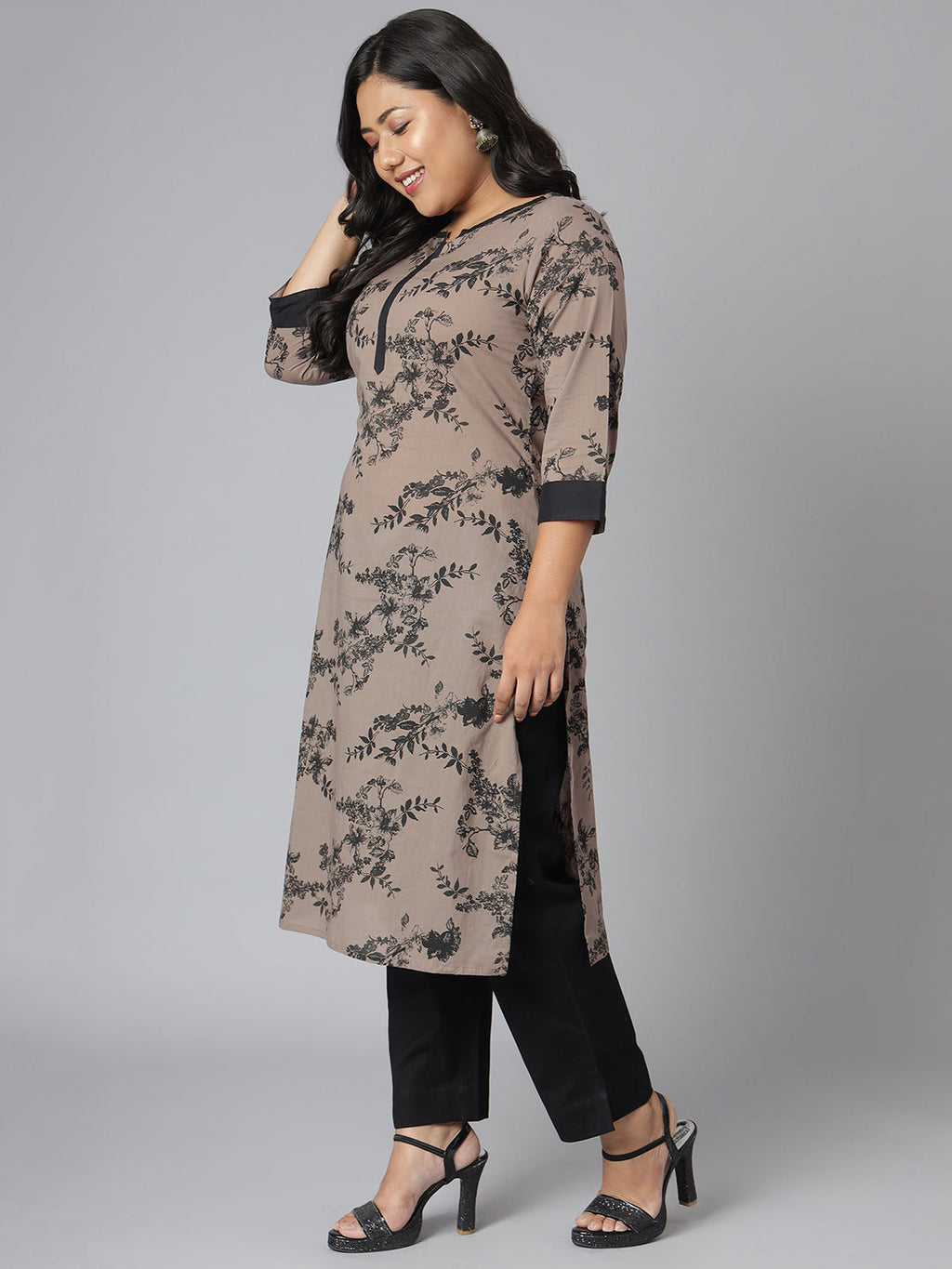 Janasya Women's Grey Cotton Floral Print Casual Straight Kurta | Grocsy