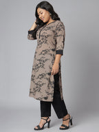 Janasya Women's Grey Cotton Floral Print Casual Straight Kurta | Grocsy