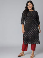 Janasya Women's Black Cotton Ikat Casual Straight Kurta | Grocsy