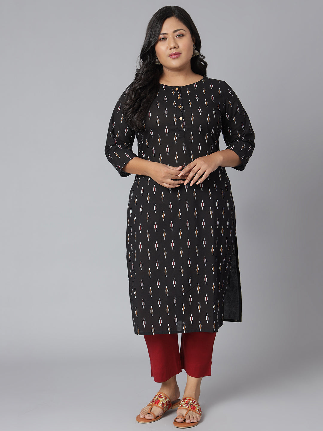 Janasya Women's Black Cotton Ikat Casual Straight Kurta | Grocsy