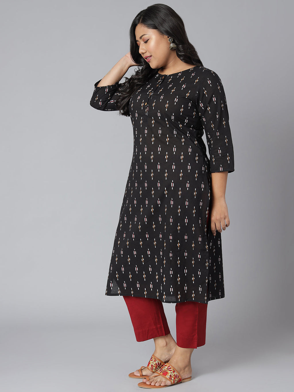 Janasya Women's Black Cotton Ikat Casual Straight Kurta | Grocsy