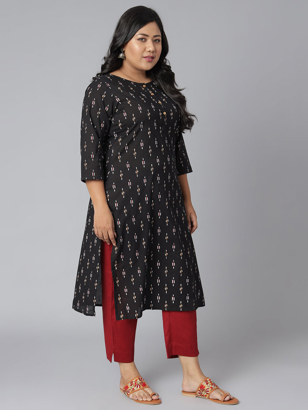 Janasya Women's Black Cotton Ikat Casual Straight Kurta | Grocsy