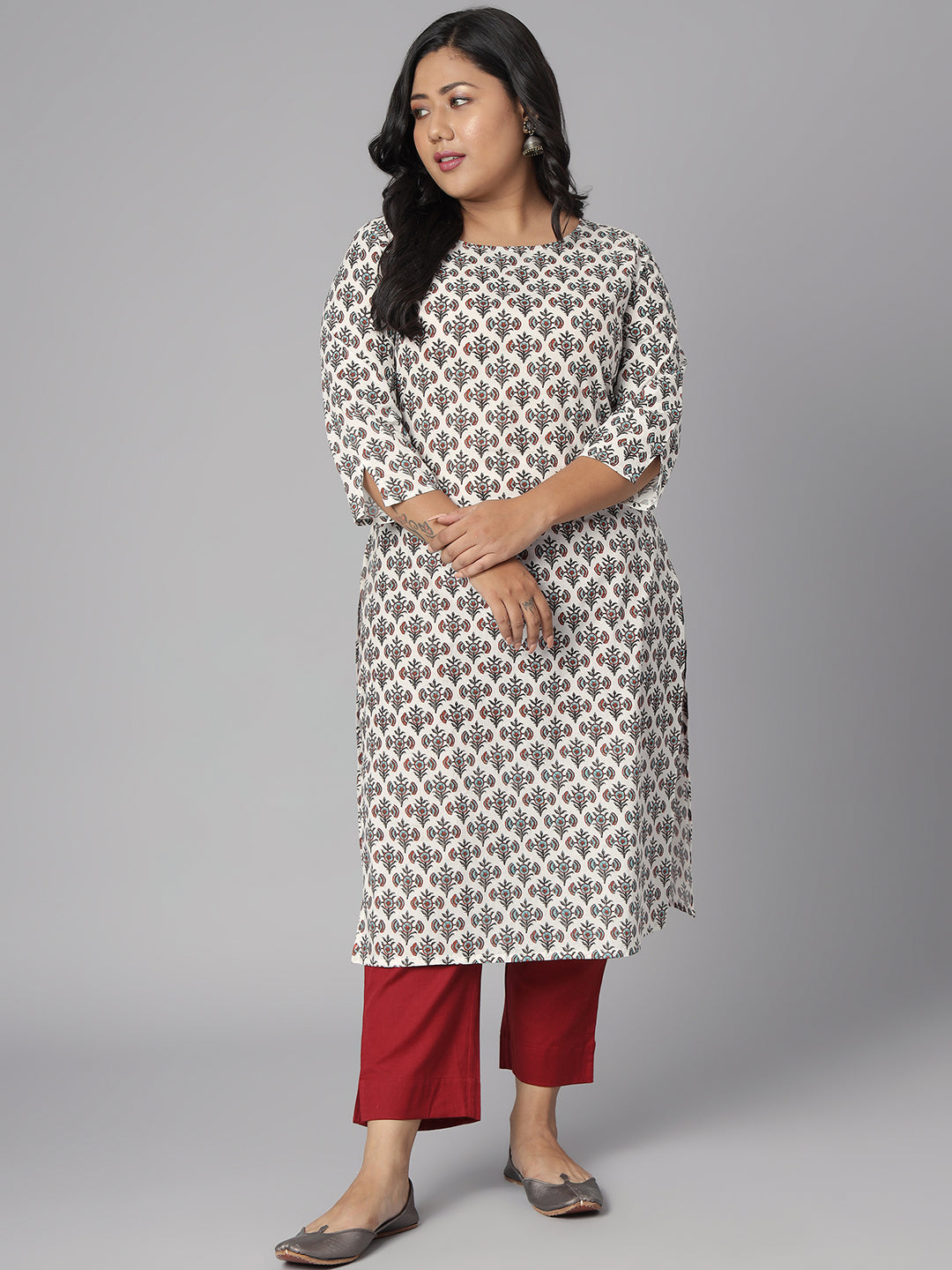 Janasya Women's White Cotton Floral Print Casual Straight Kurta | Grocsy