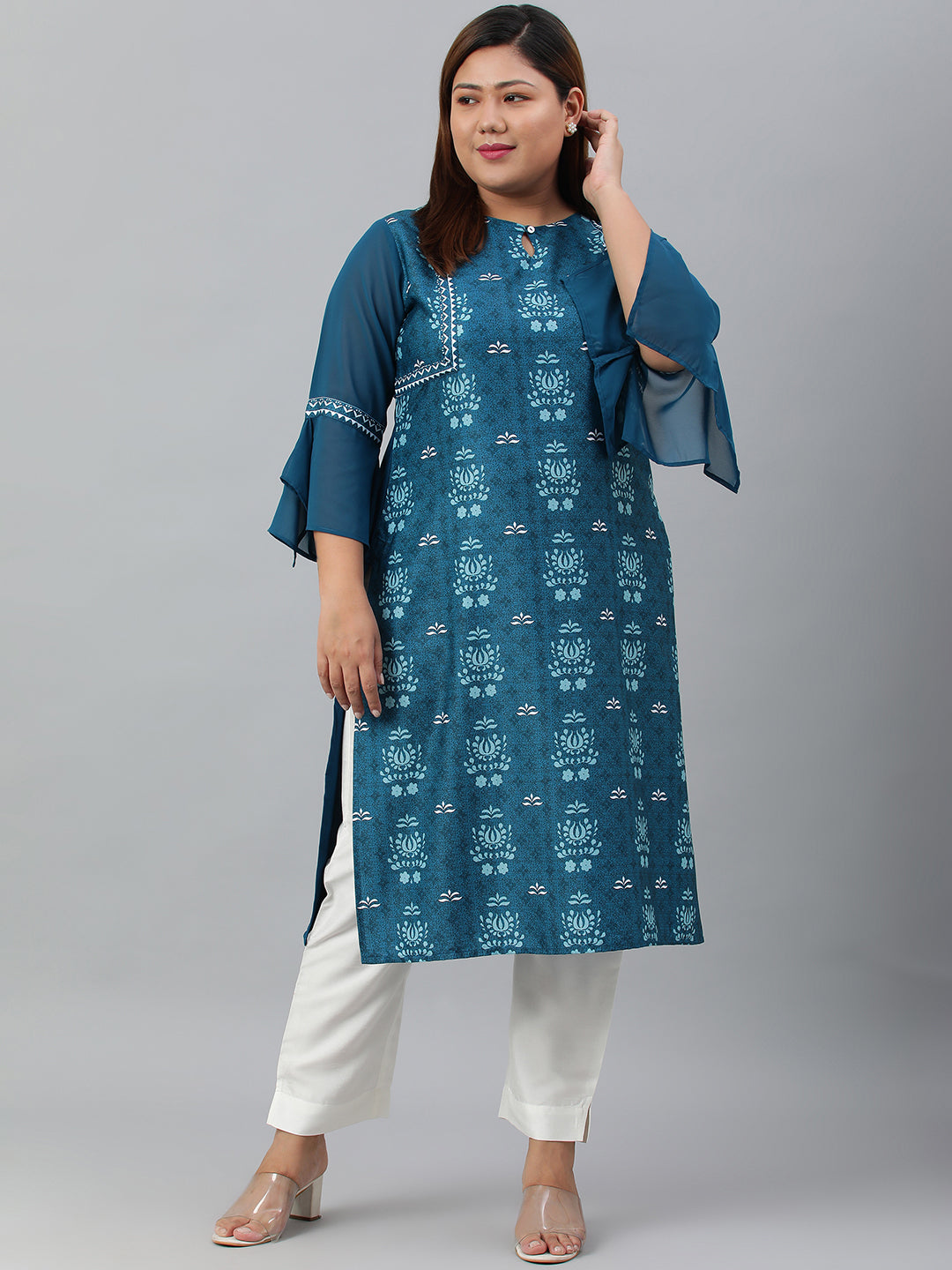 Janasya Women's Teal Poly Crepe Digital Print Casual Straight kurta | Grocsy
