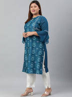 Janasya Women's Teal Poly Crepe Digital Print Casual Straight kurta | Grocsy