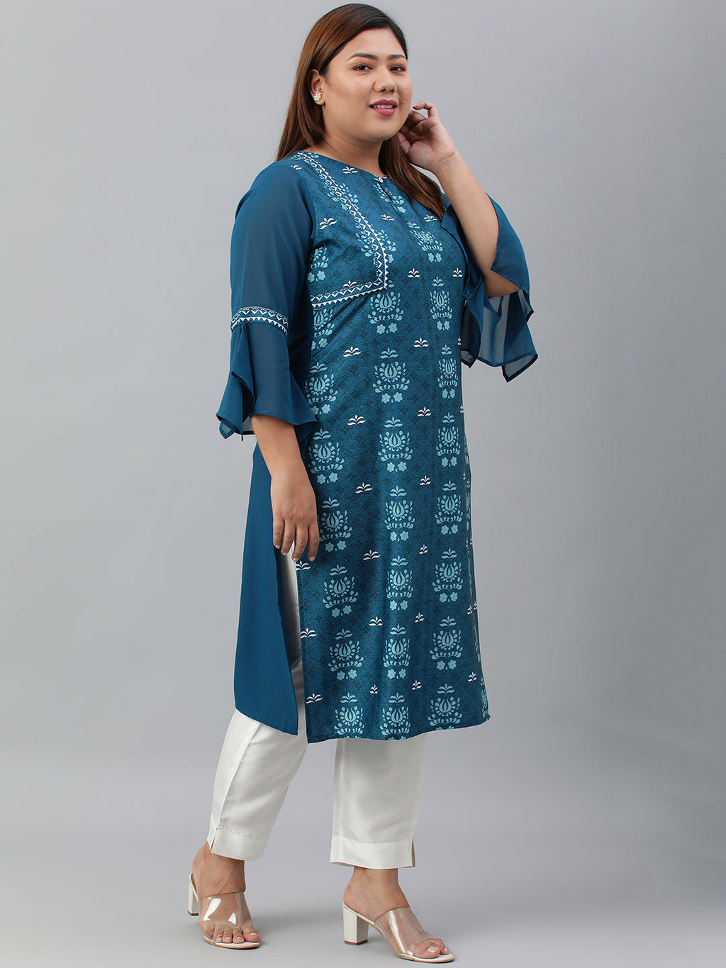 Janasya Women's Teal Poly Crepe Digital Print Casual Straight kurta | Grocsy