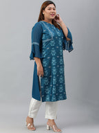 Janasya Women's Teal Poly Crepe Digital Print Casual Straight kurta | Grocsy