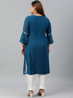 Janasya Women's Teal Poly Crepe Digital Print Casual Straight kurta | Grocsy