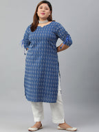 Janasya Women's Blue Cotton Woven Design Casual Straight Kurta | Grocsy