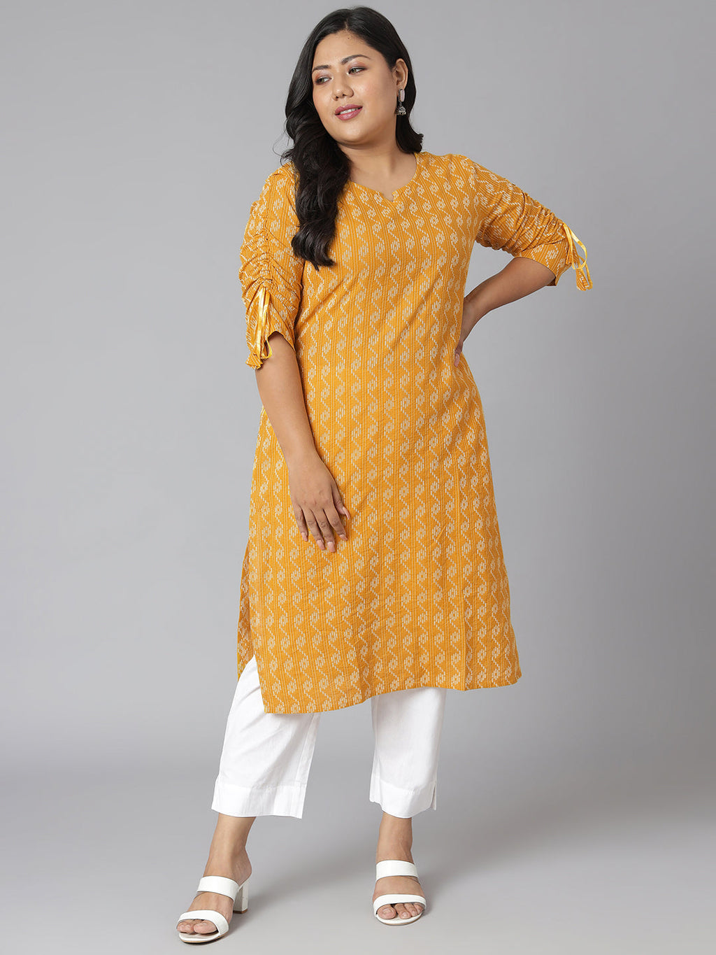 Janasya Women's Yellow Cotton Woven Design Casual Straight Kurta | Grocsy