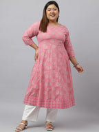 Janasya Women's Pink Cotton Foil Floral Printed Casual Anarkali kurta | Grocsy