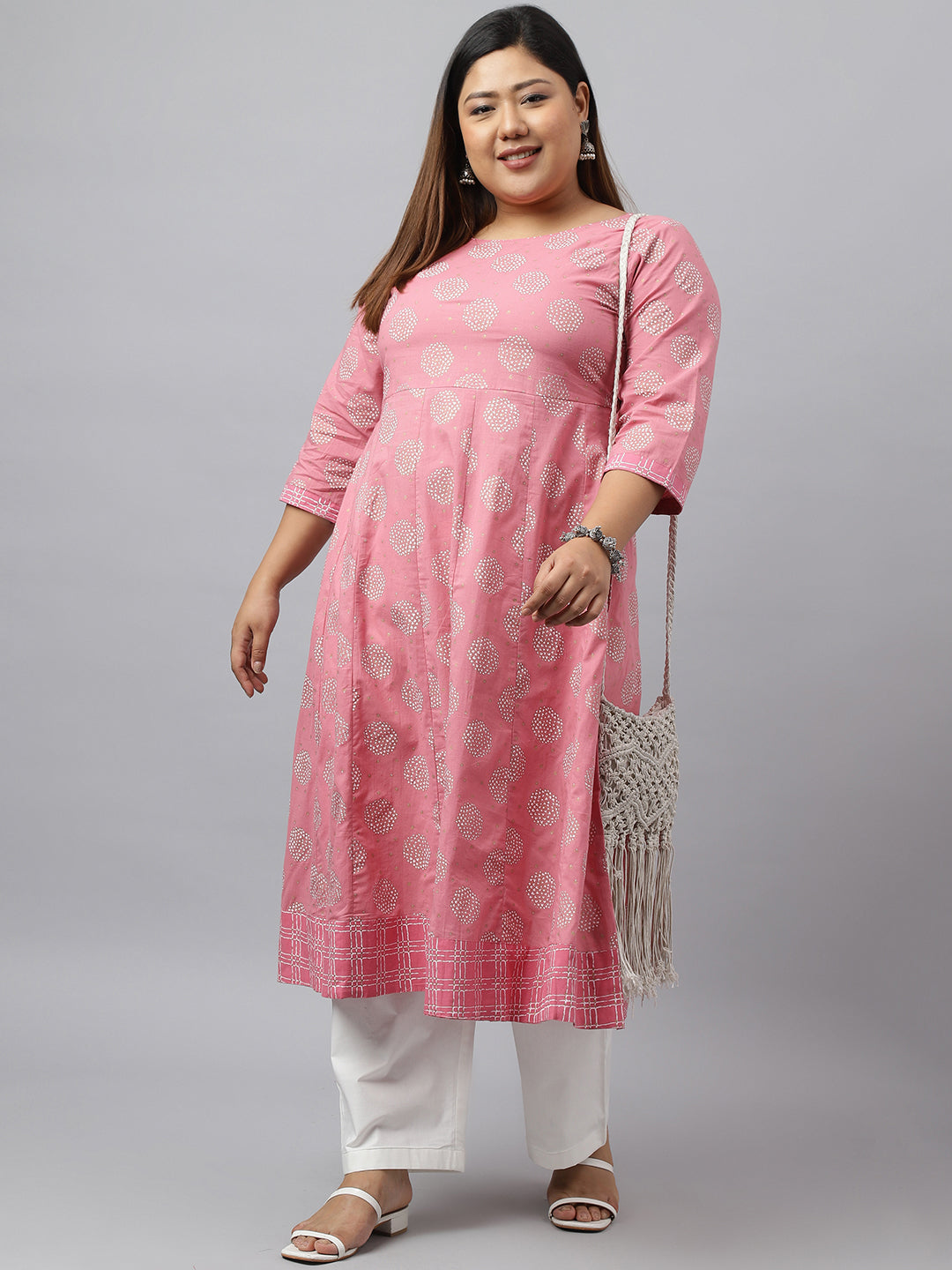 Janasya Women's Pink Cotton Foil Floral Printed Casual Anarkali kurta | Grocsy