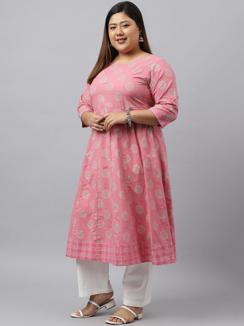 Janasya Women's Pink Cotton Foil Floral Printed Casual Anarkali kurta | Grocsy