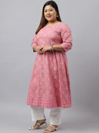 Janasya Women's Pink Cotton Foil Floral Printed Casual Anarkali kurta | Grocsy
