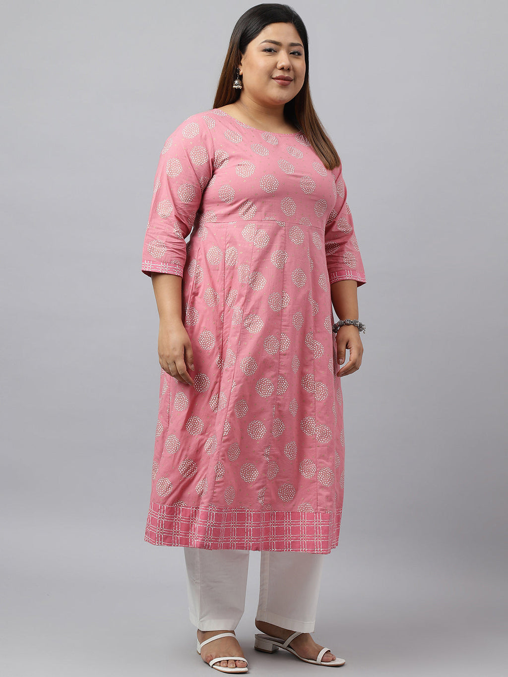 Janasya Women's Pink Cotton Foil Floral Printed Casual Anarkali kurta | Grocsy
