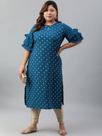 Janasya Women's Teal Poly Crepe Foil Print Casual Straight kurta | Grocsy