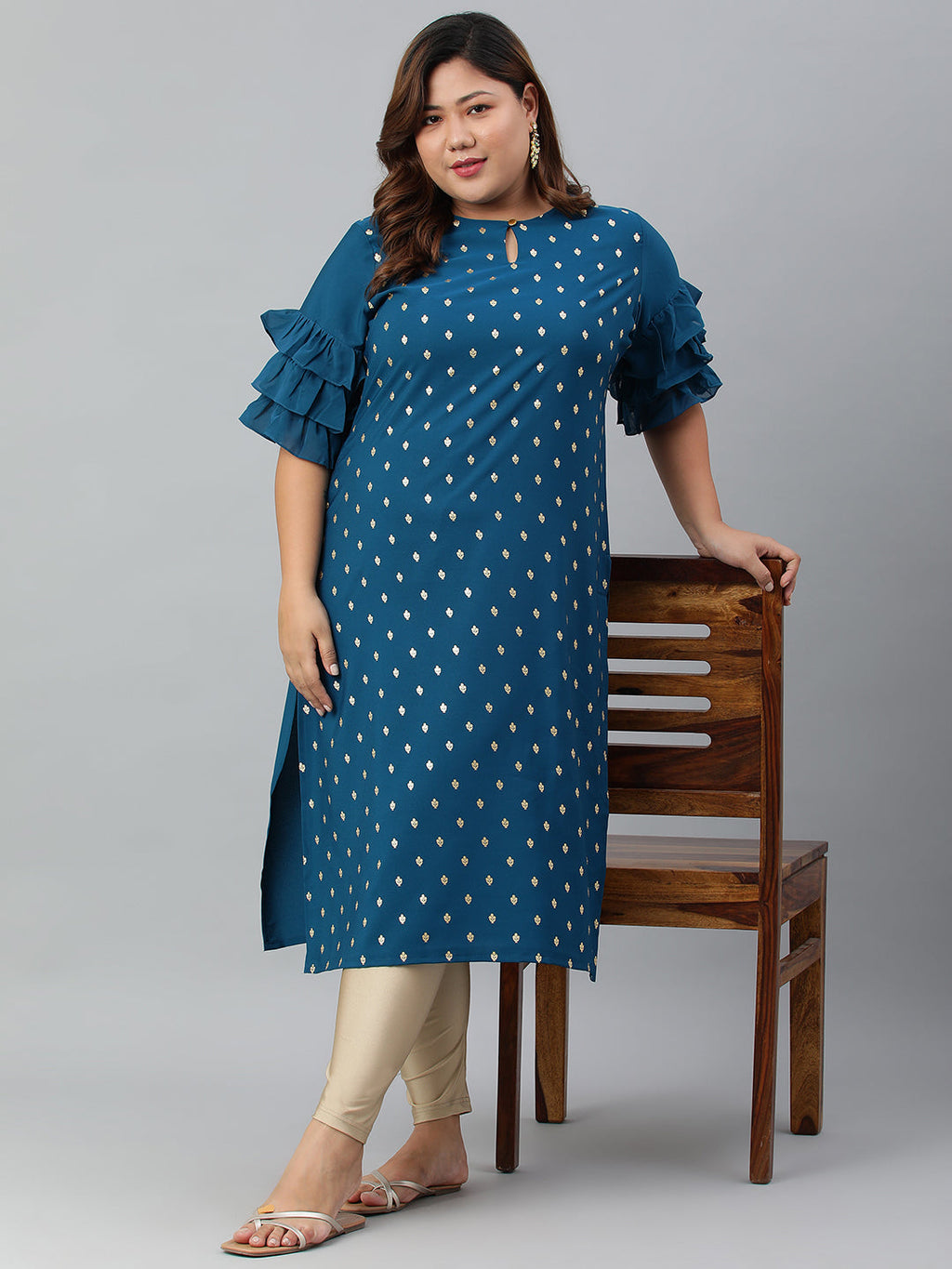 Janasya Women's Teal Poly Crepe Foil Print Casual Straight kurta | Grocsy