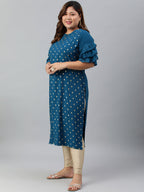 Janasya Women's Teal Poly Crepe Foil Print Casual Straight kurta | Grocsy