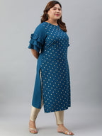 Janasya Women's Teal Poly Crepe Foil Print Casual Straight kurta | Grocsy