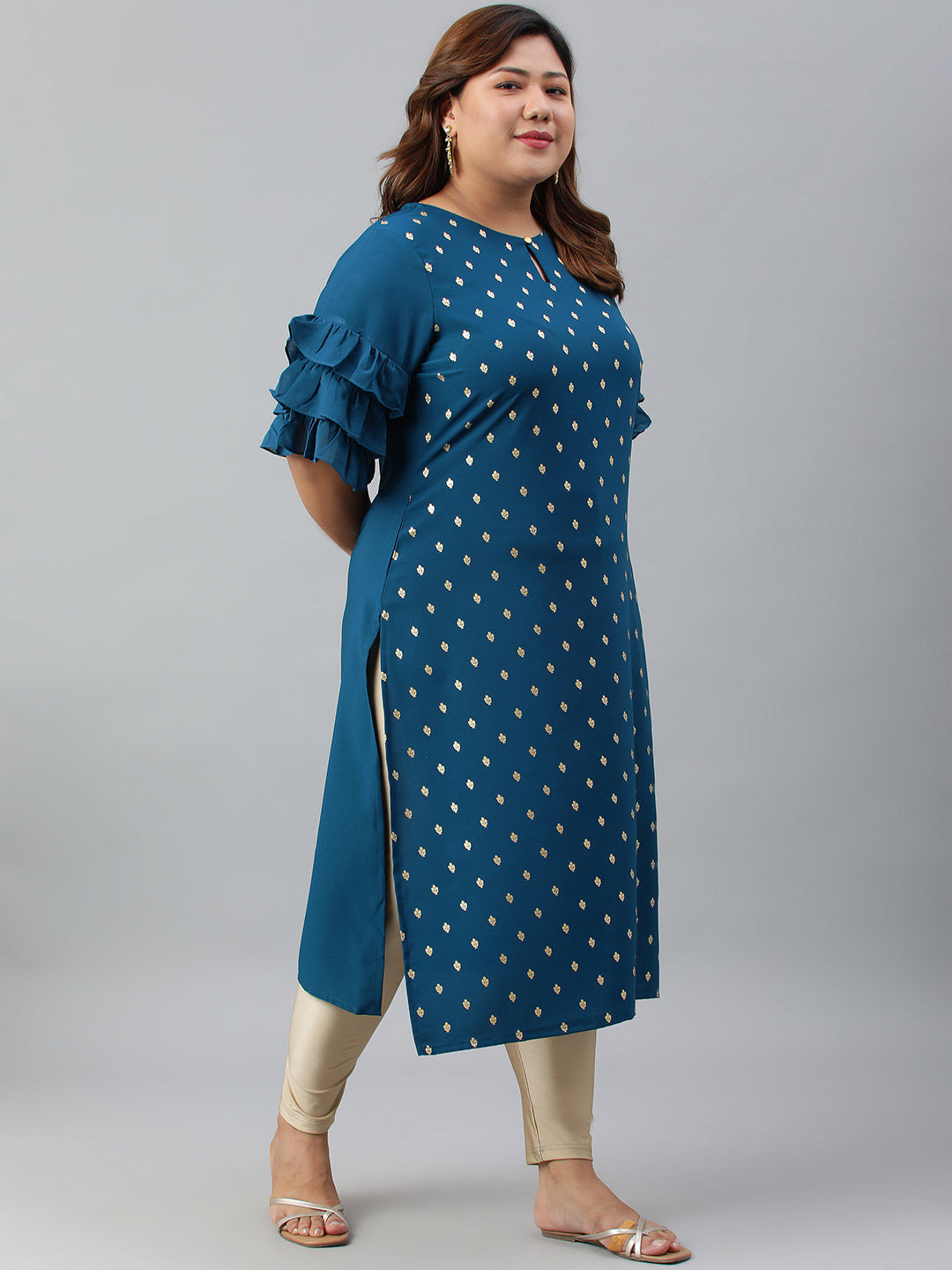 Janasya Women's Teal Poly Crepe Foil Print Casual Straight kurta | Grocsy
