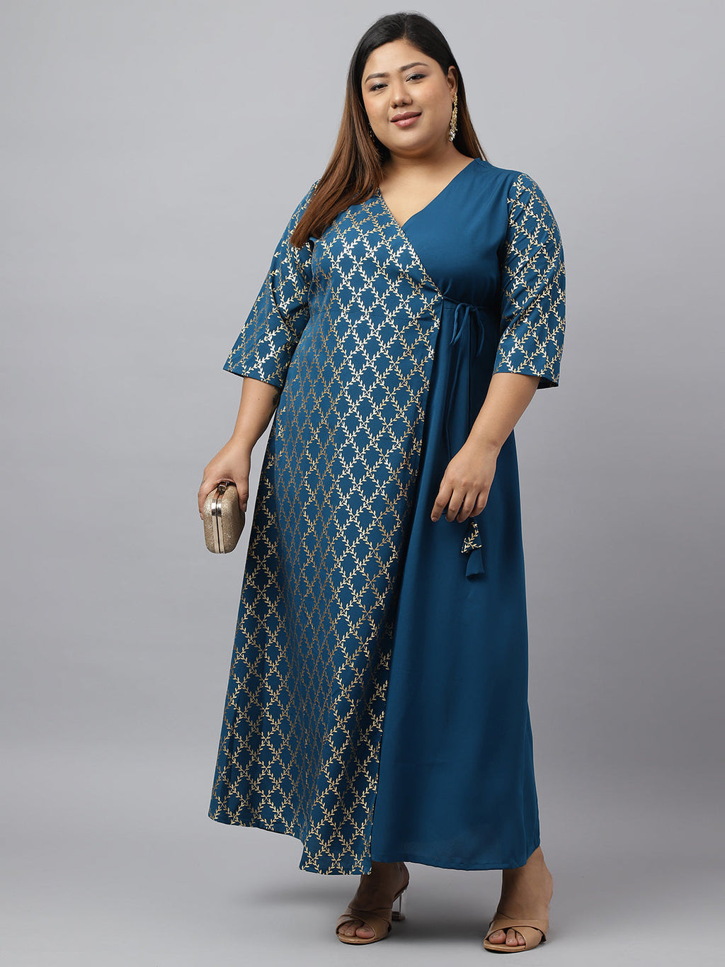 Janasya Teal Poly Crepe Foil Printed kurta | Grocsy