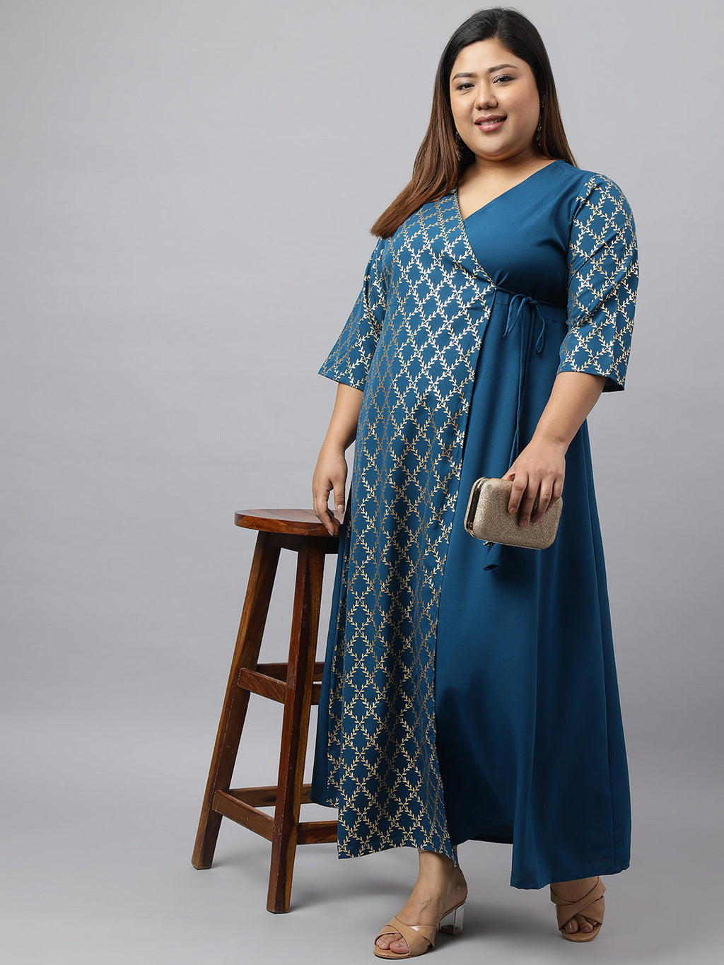 Janasya Teal Poly Crepe Foil Printed kurta | Grocsy