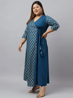 Janasya Teal Poly Crepe Foil Printed kurta | Grocsy
