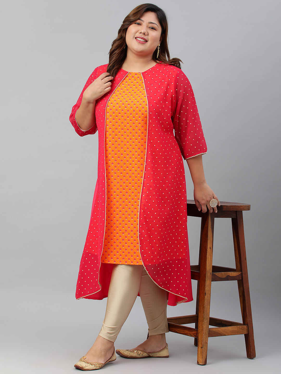 Janasya Women's Orange Poly Crepe Floral Print Festive & Party A-Line With Attached Jacket kurta | Grocsy