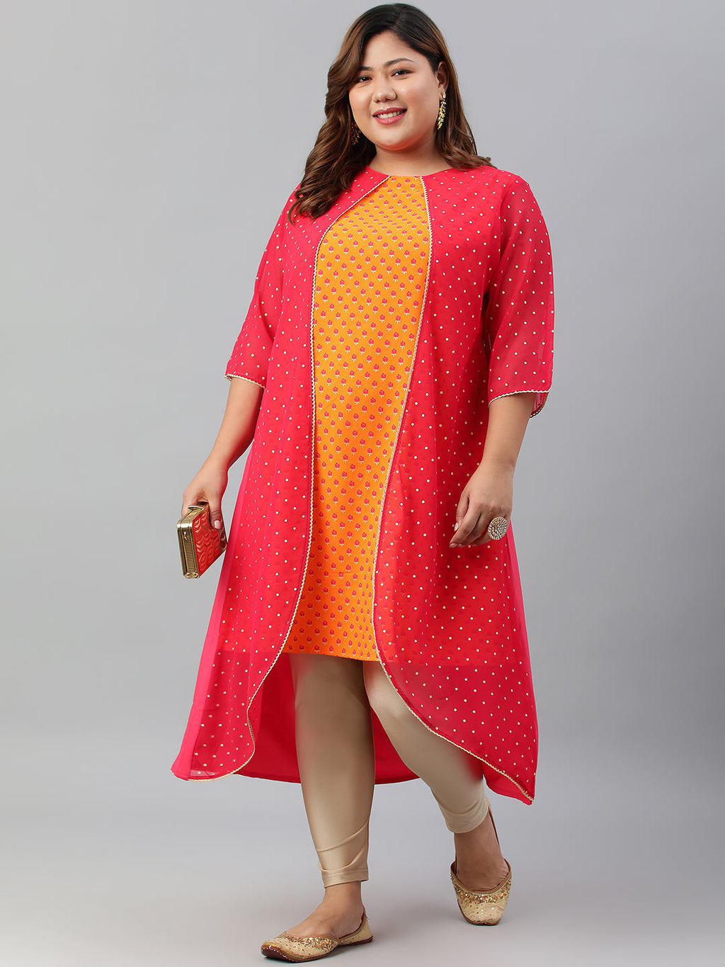 Janasya Women's Orange Poly Crepe Floral Print Festive & Party A-Line With Attached Jacket kurta | Grocsy