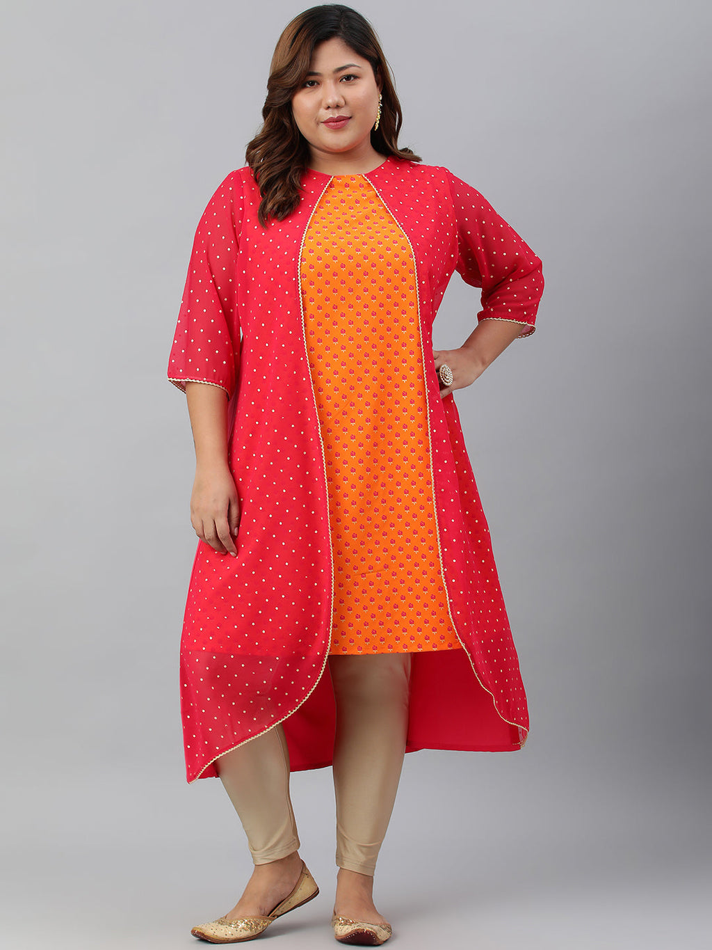 Janasya Women's Orange Poly Crepe Floral Print Festive & Party A-Line With Attached Jacket kurta | Grocsy