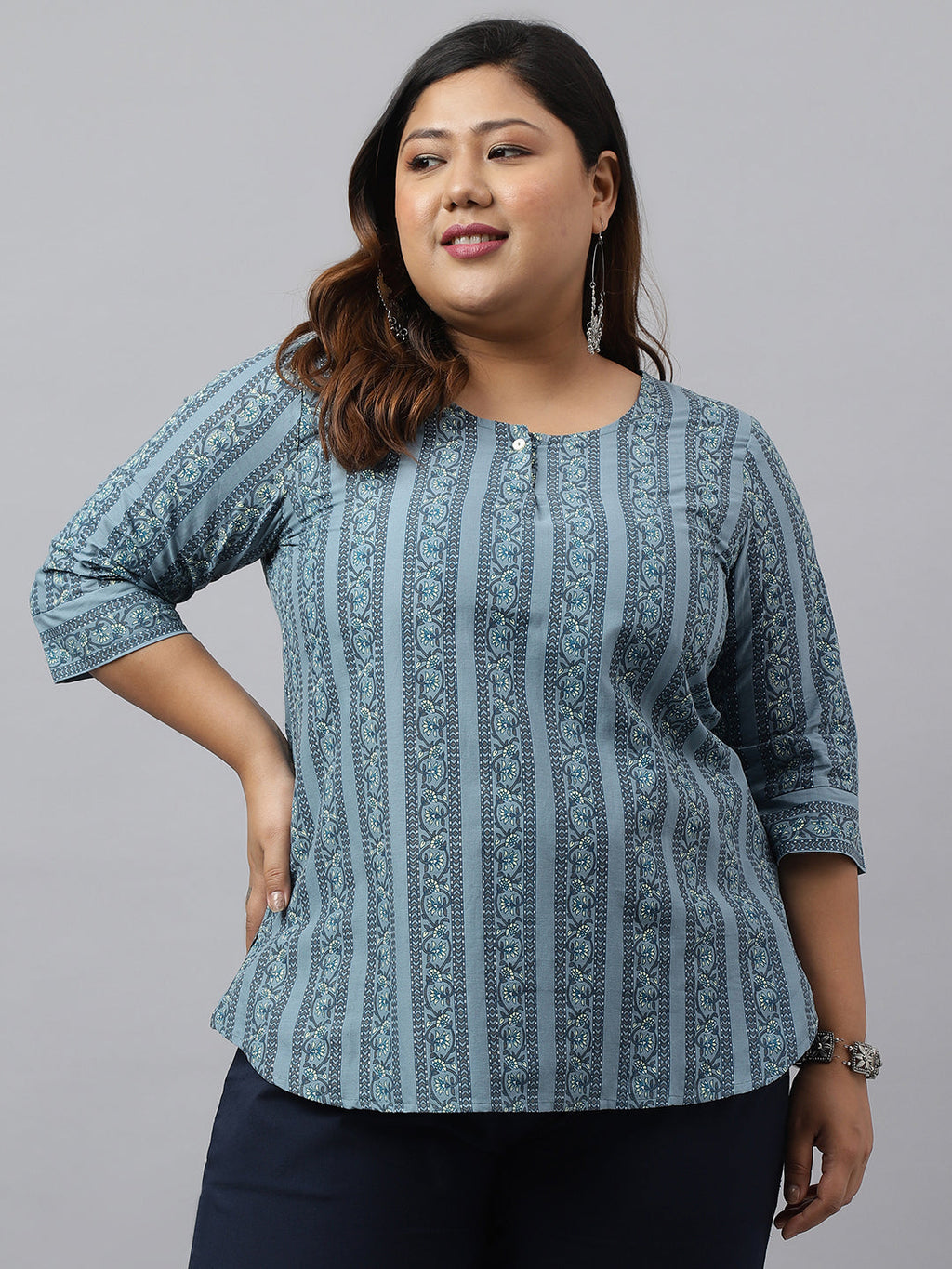 Janasya Women's Grey Cotton Floral Print Casual Regular Top | Grocsy