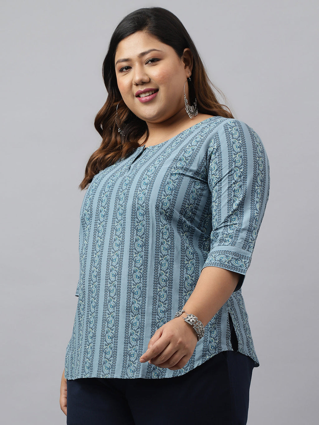 Janasya Women's Grey Cotton Floral Print Casual Regular Top | Grocsy